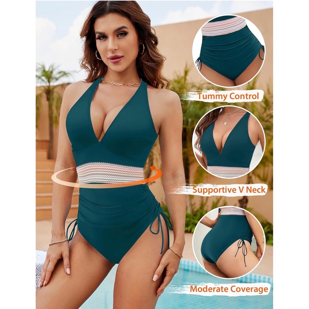 Blooming Jelly Womens Green V Neck Ruched Tummy Control One Piece Swimsuit M NWT